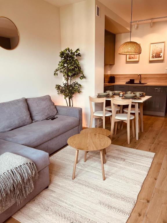 Apartament Boho Podczele - strefa wypoczynkowa z szarą sofą, okrągłym stolikiem kawowym i dekoracjami boho